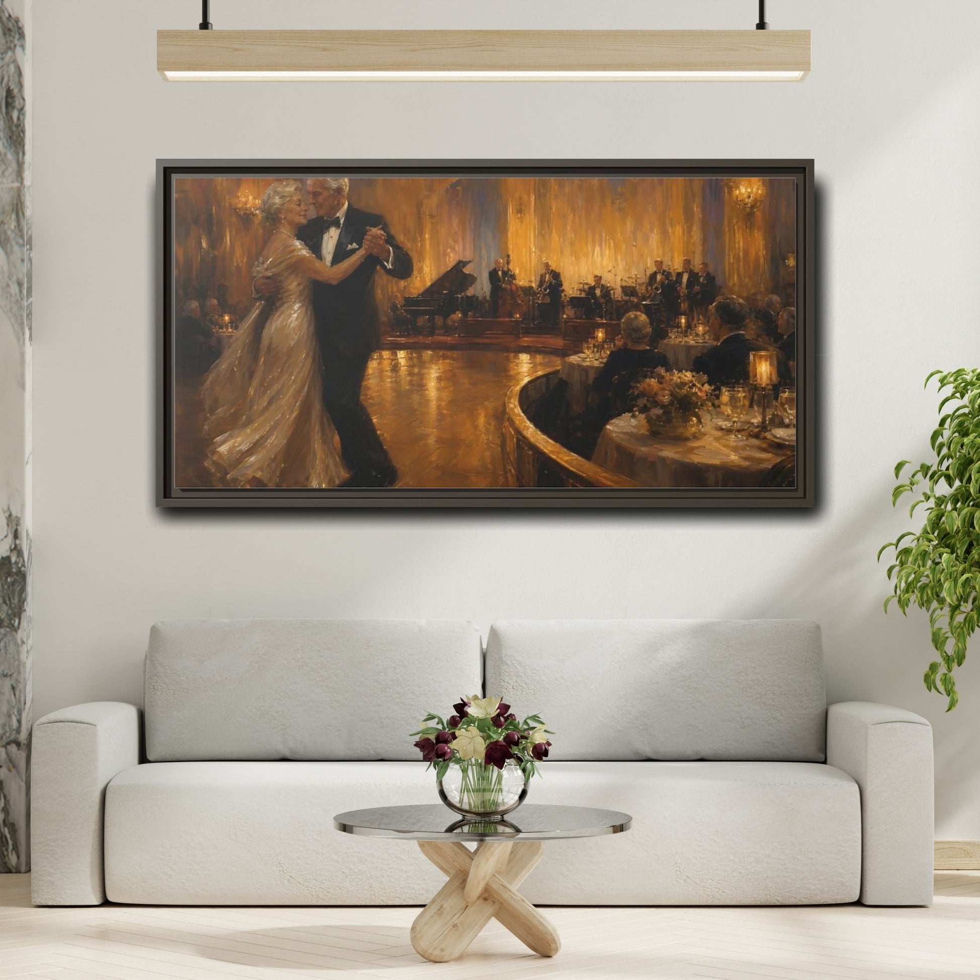 Mockup 2. Golden Ballroom Waltz shown as framed canvas print