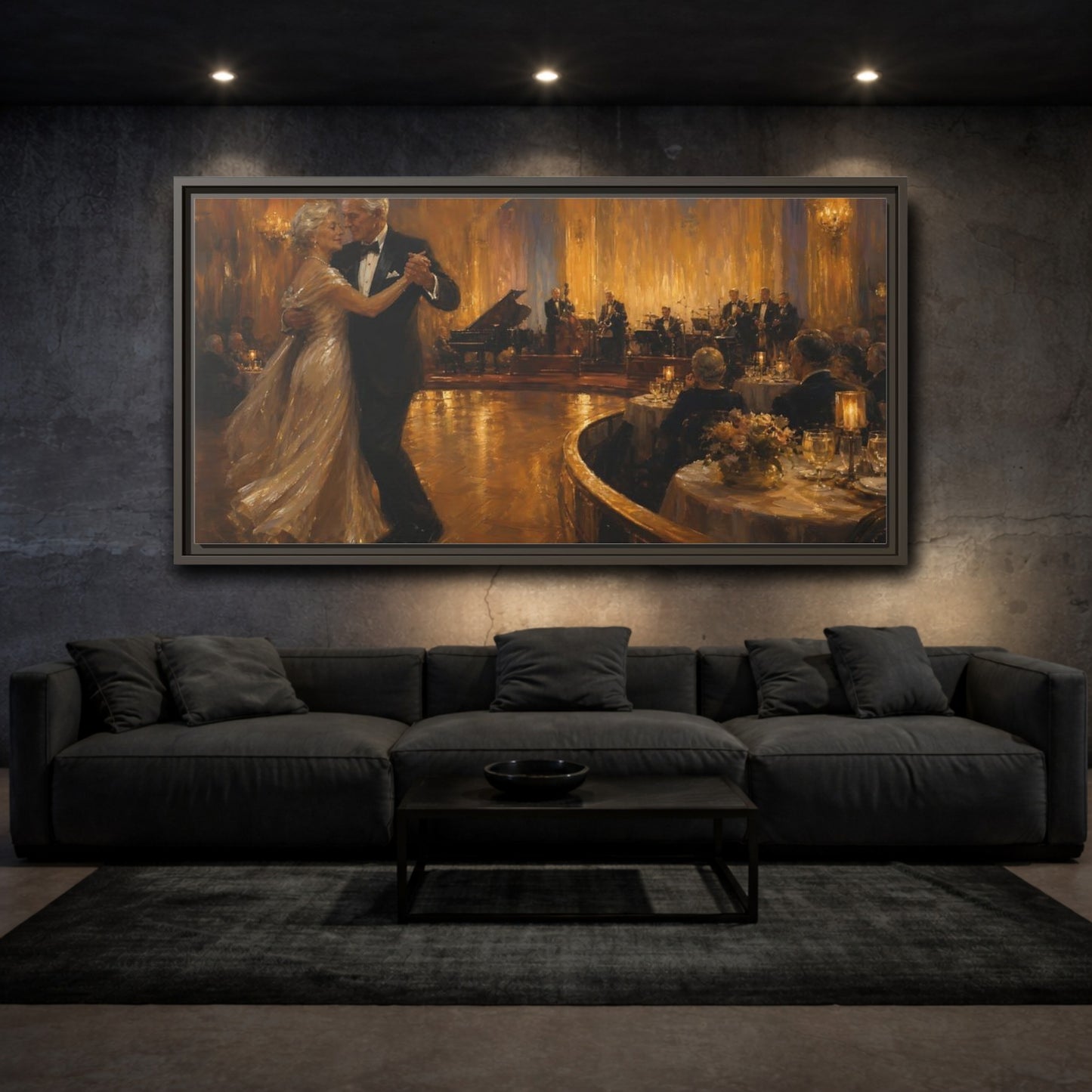 Mockup 3. Golden Ballroom Waltz shown as framed canvas print