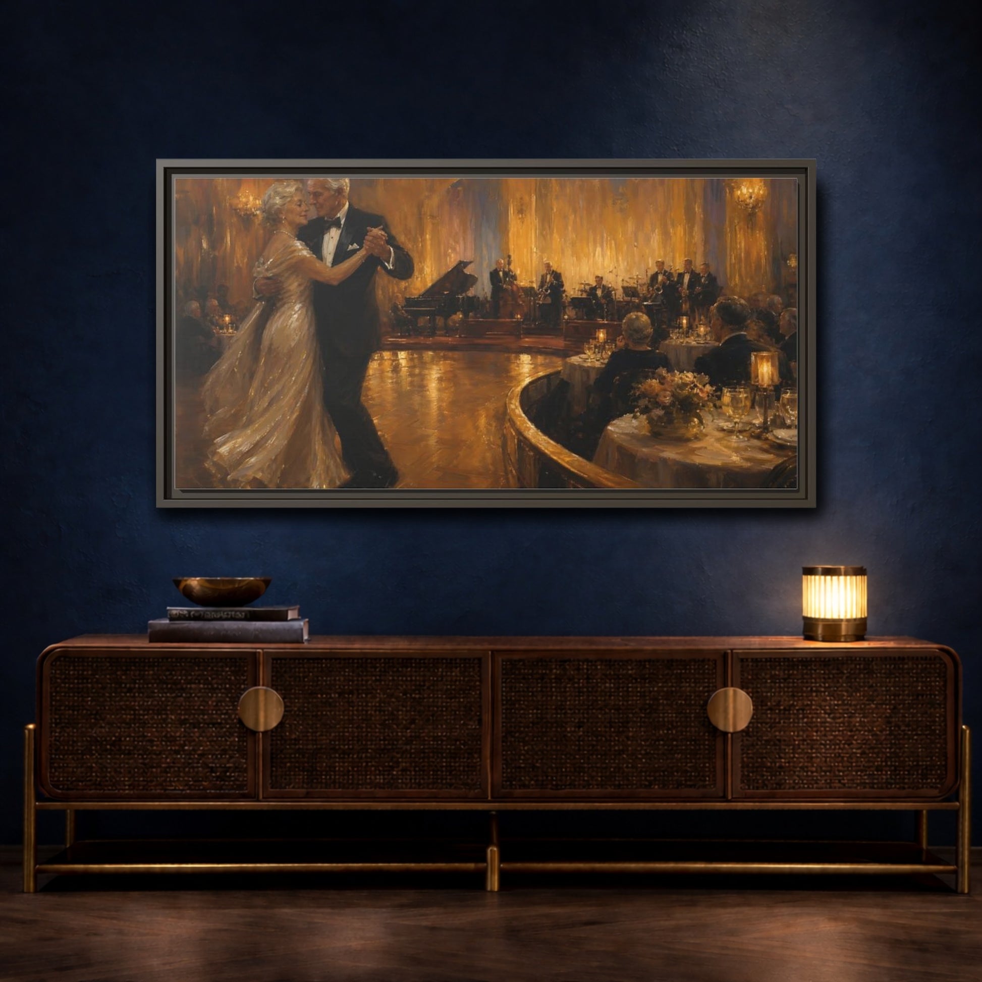 Mockup 4. Golden Ballroom Waltz shown as framed canvas print