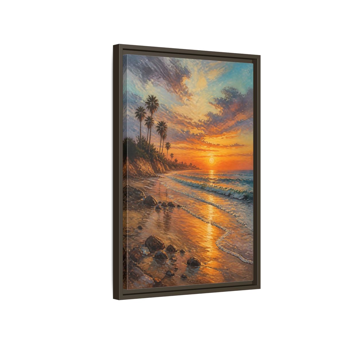 Side Mockup 2. Golden Beach Sunset shown as framed canvas print