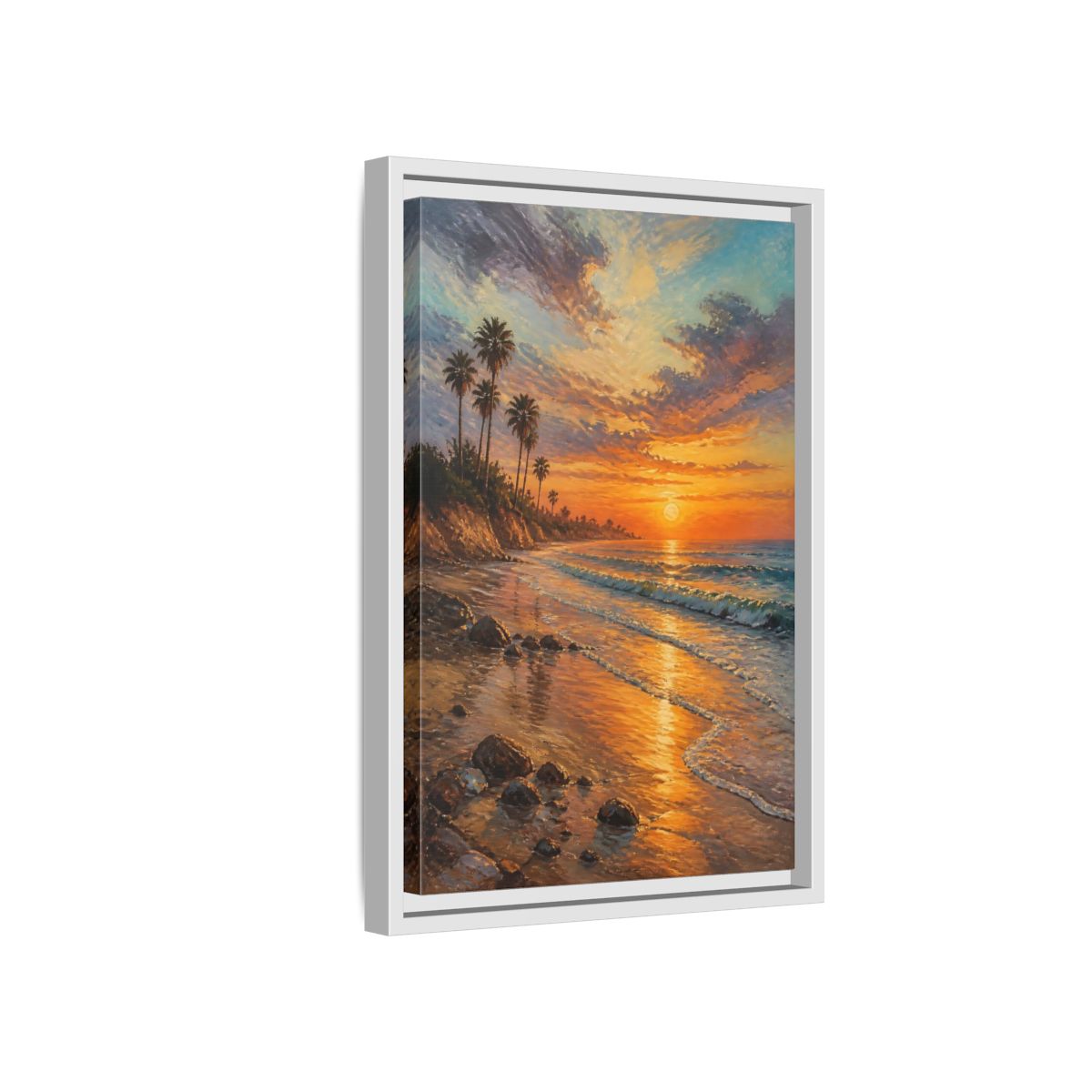 Side Mockup 4. Golden Beach Sunset shown as framed canvas print