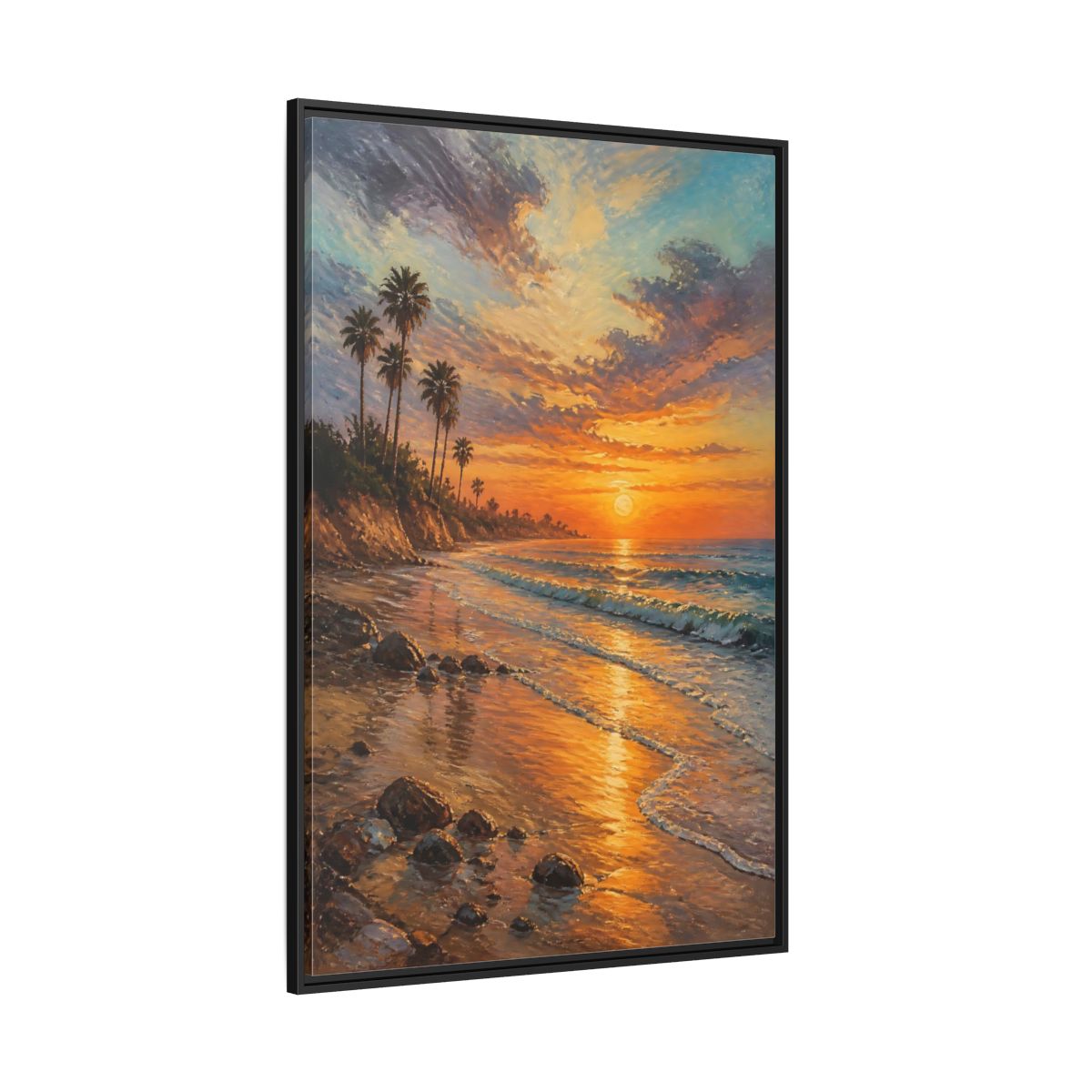 Side Mockup 12. Golden Beach Sunset shown as framed canvas print