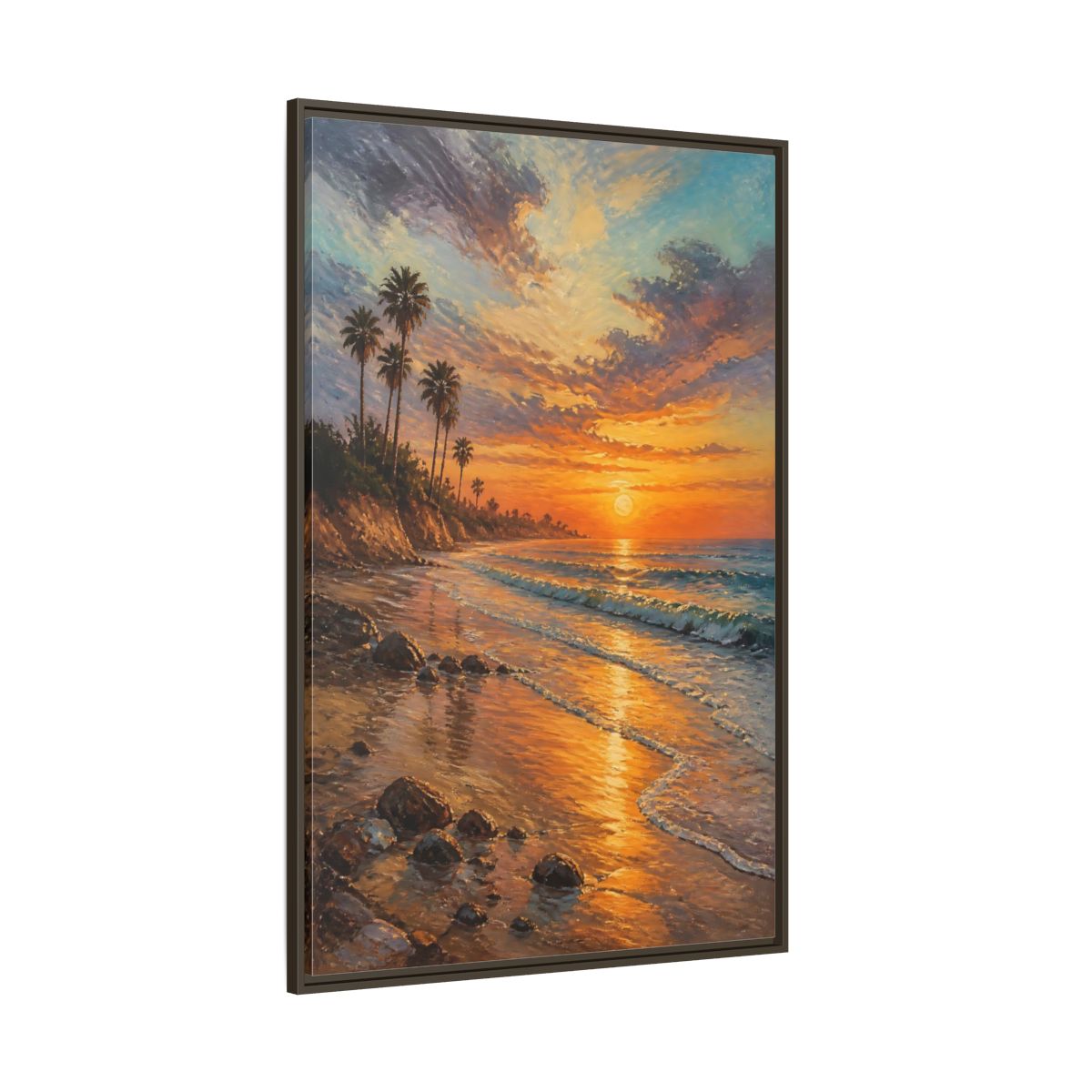 Side Mockup 8. Golden Beach Sunset shown as framed canvas print