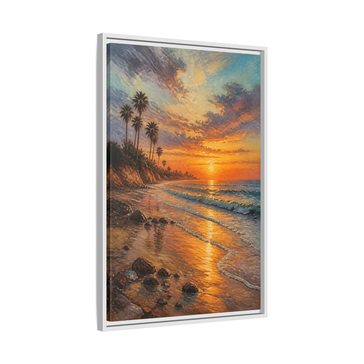 Side Mockup 10. Golden Beach Sunset shown as framed canvas print