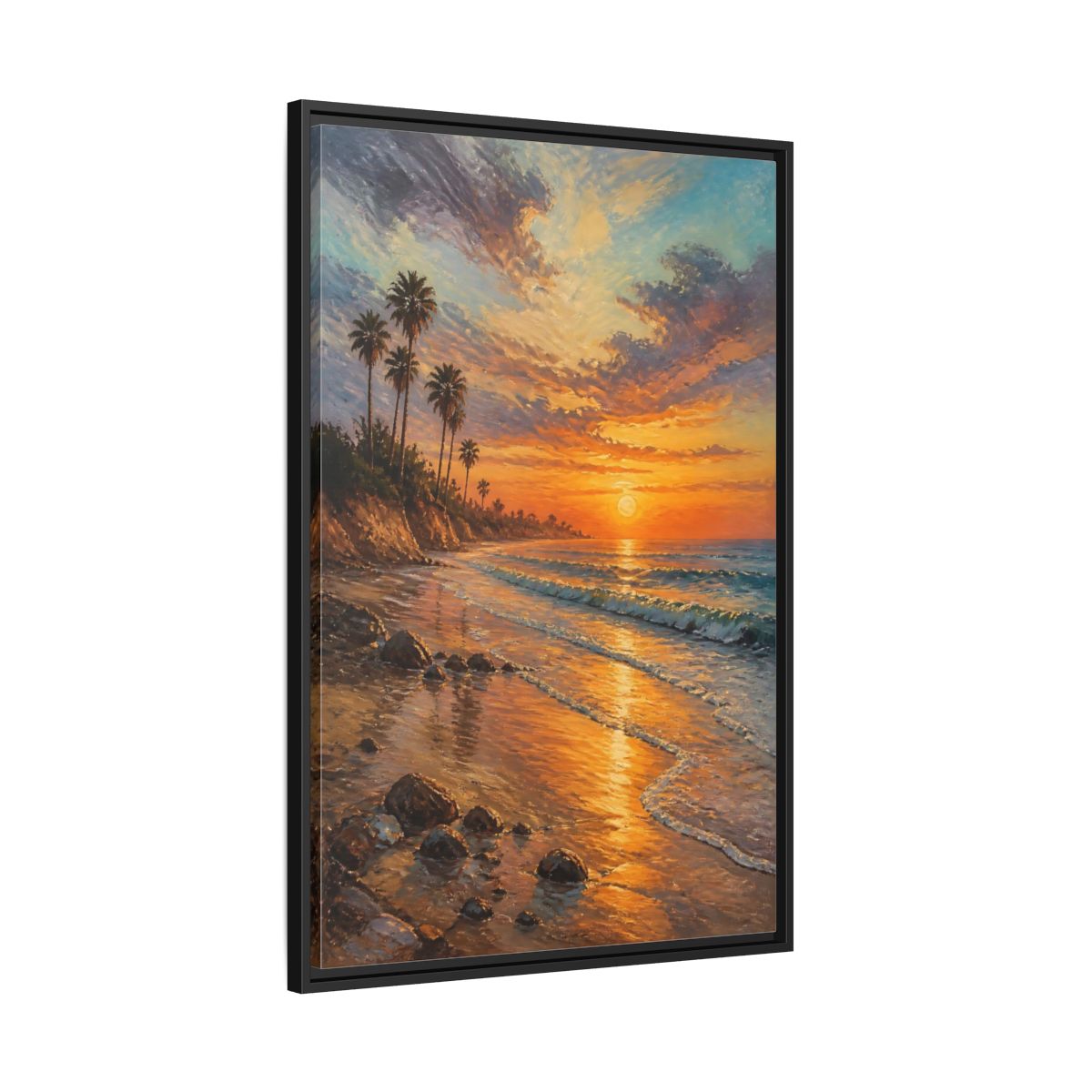 Side Mockup 13. Golden Beach Sunset shown as framed canvas print