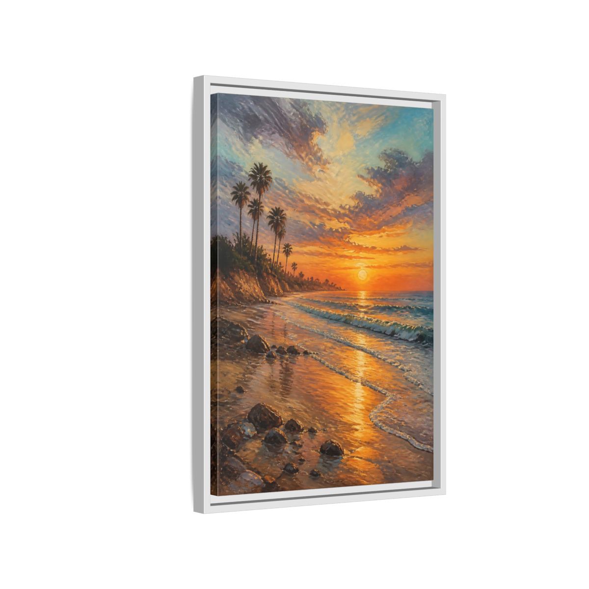 Side Mockup 1. Golden Beach Sunset shown as framed canvas print