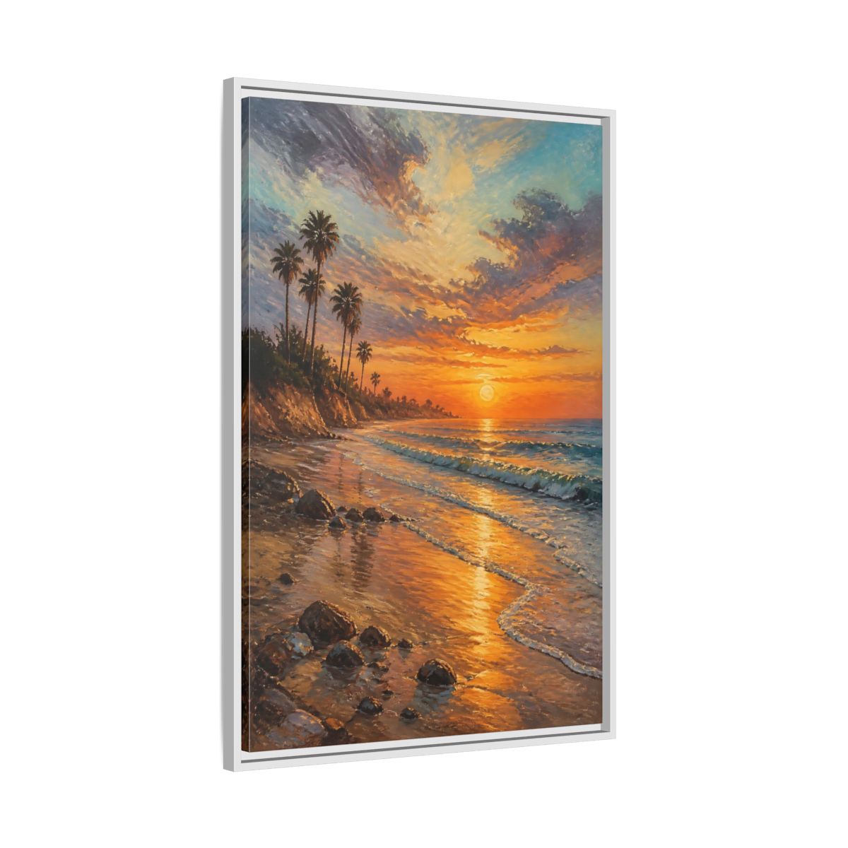Side Mockup 9. Golden Beach Sunset shown as framed canvas print