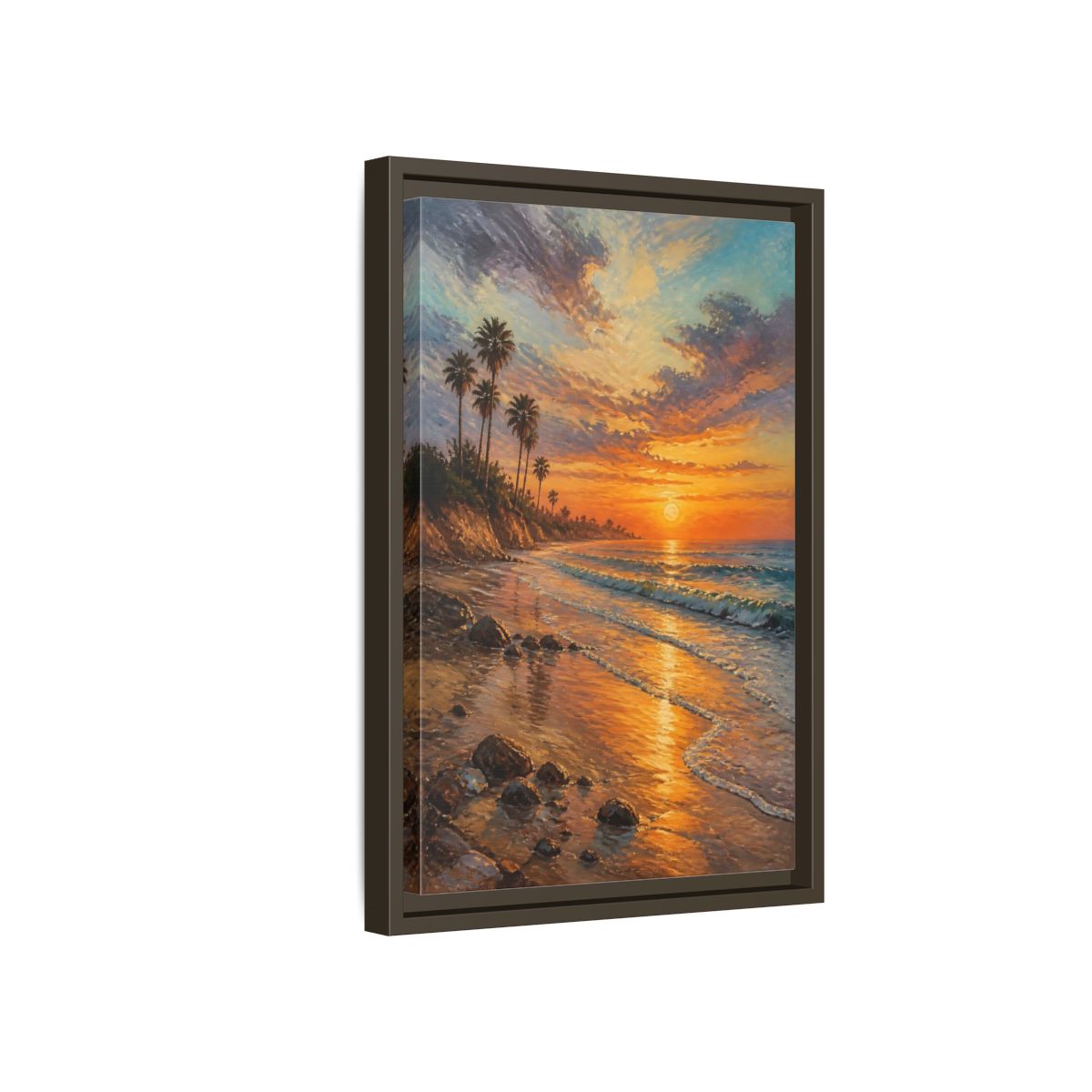 Side Mockup 5. Golden Beach Sunset shown as framed canvas print