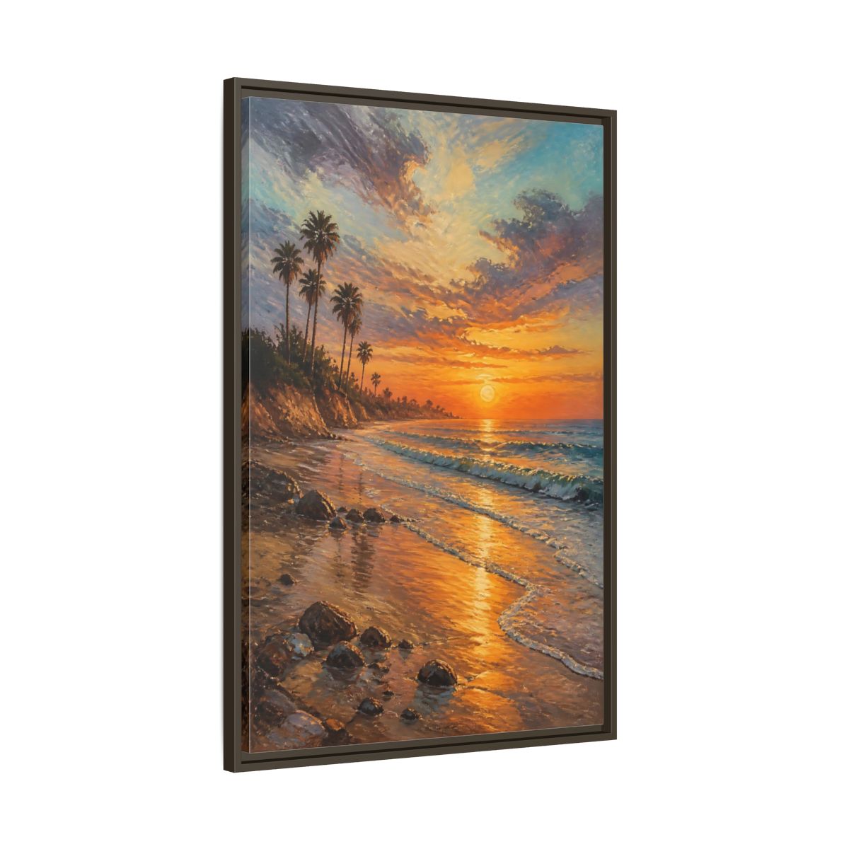 Main Mockup. Golden Beach Sunset shown as framed canvas print