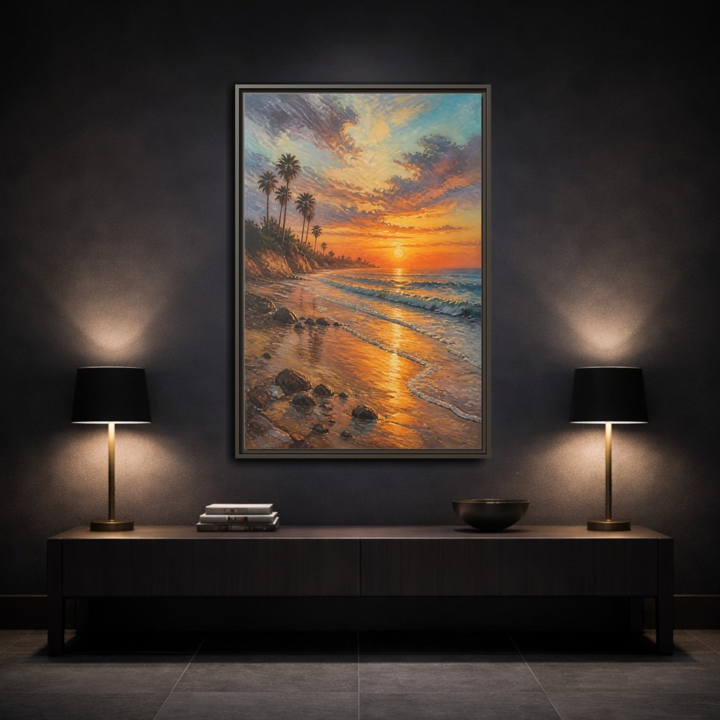 Mockup 3. Golden Beach Sunset shown as framed canvas print