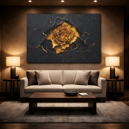 Mockup 2. Golden Bloom On Slate shown as canvas print