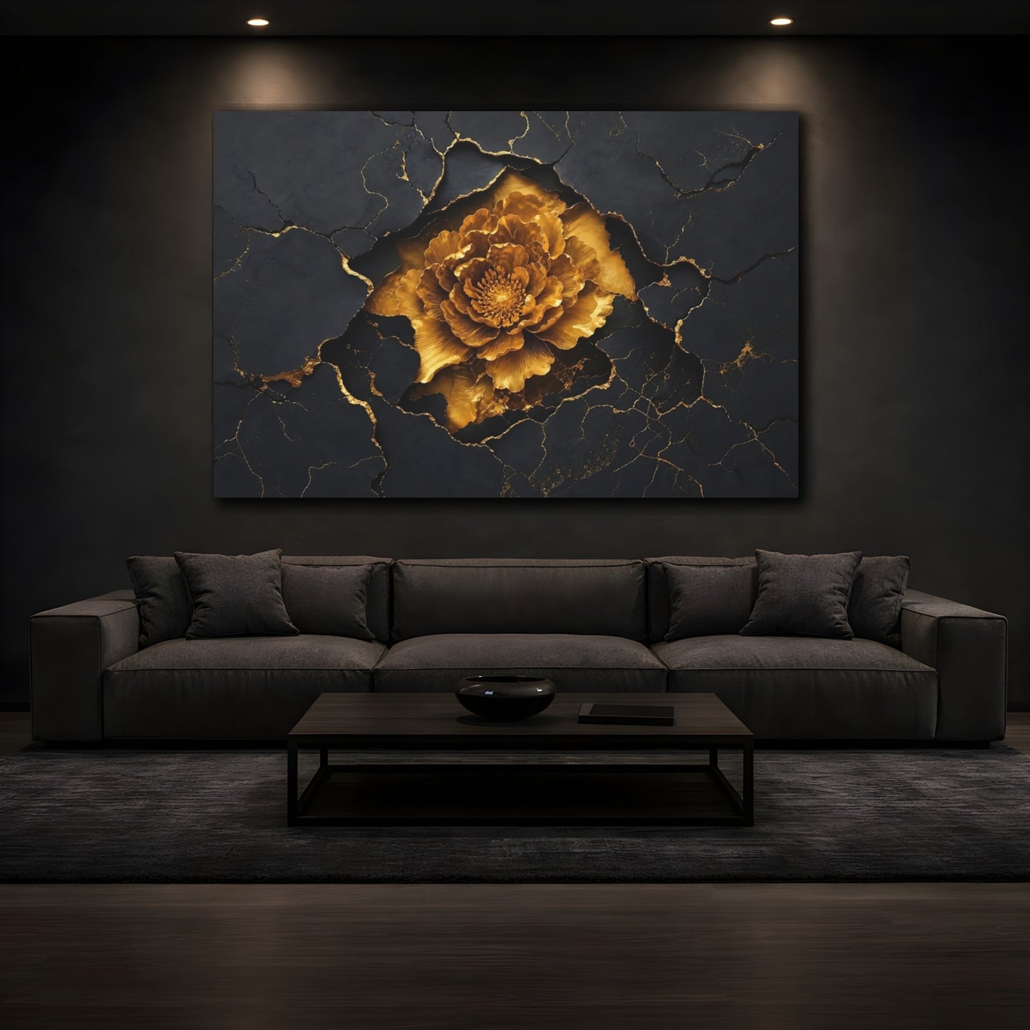 Mockup 3. Golden Bloom On Slate shown as canvas print