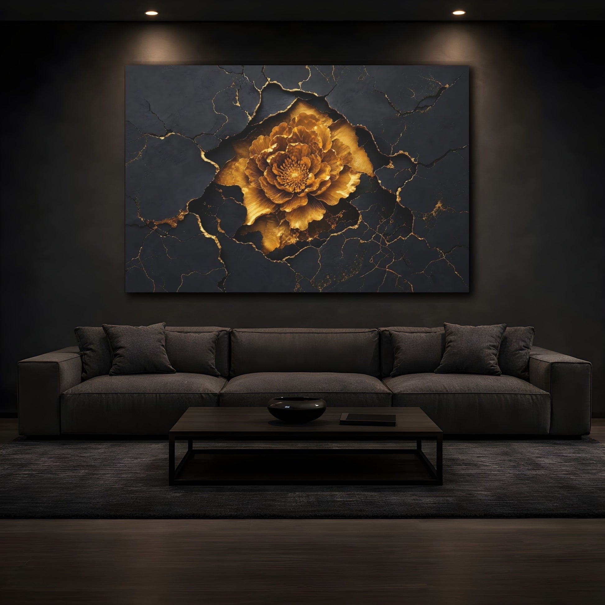 Mockup 3. Golden Bloom On Slate shown as canvas print