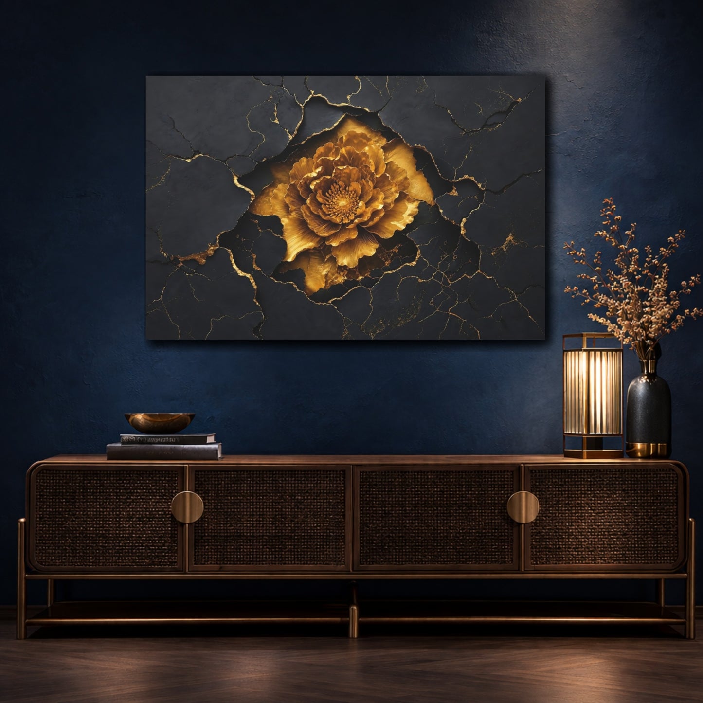 Mockup 4. Golden Bloom On Slate shown as canvas print