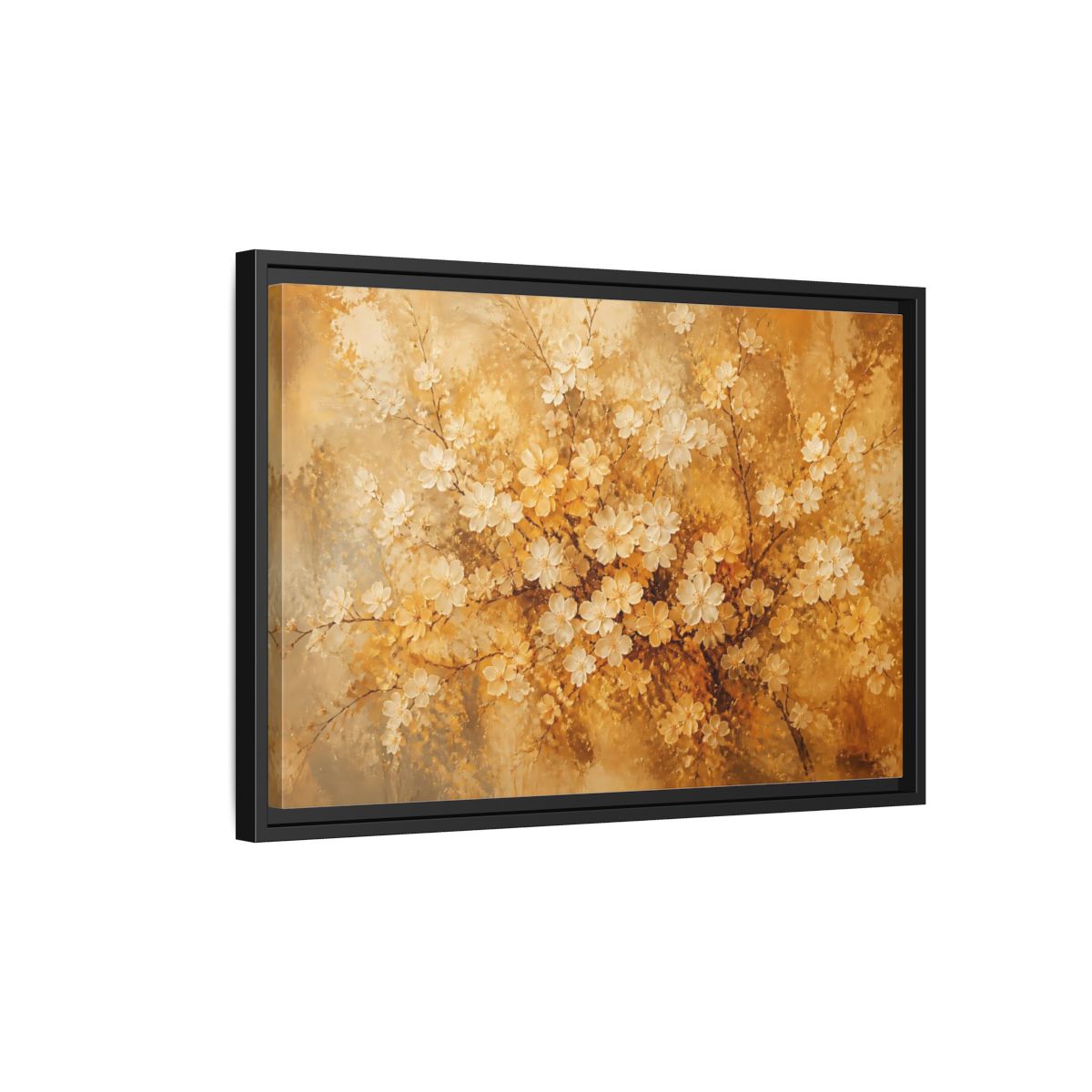 Side Mockup 3. Golden Blossom Branch shown as framed canvas print