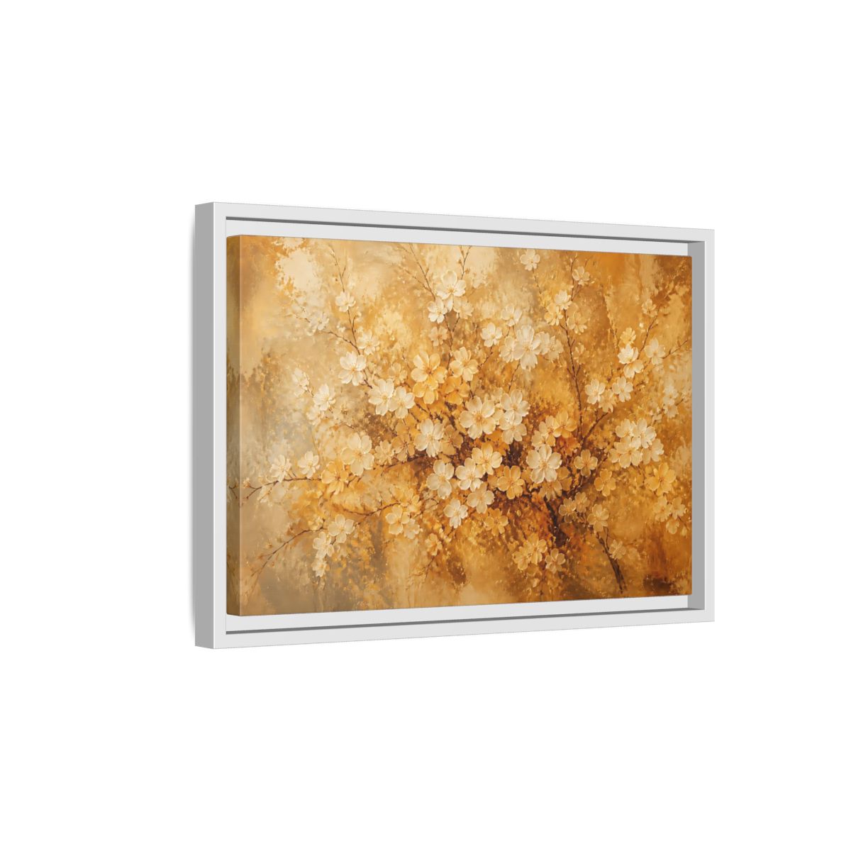 Side Mockup 4. Golden Blossom Branch shown as framed canvas print