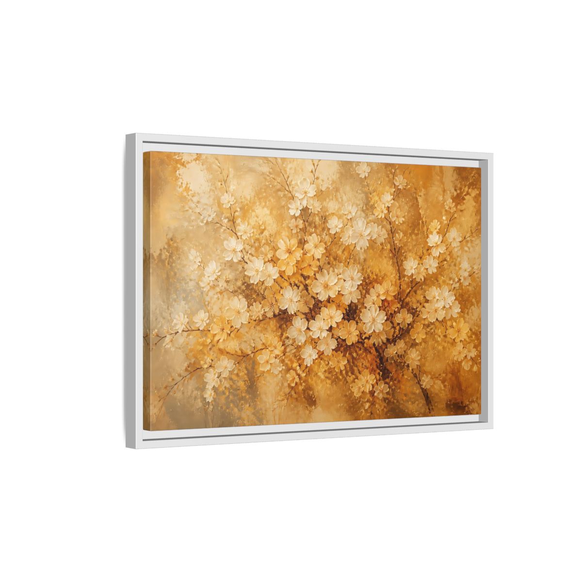Side Mockup 1. Golden Blossom Branch shown as framed canvas print