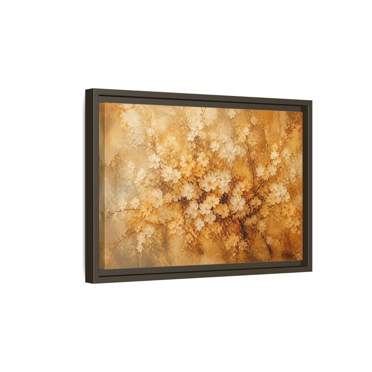 Side Mockup 5. Golden Blossom Branch shown as framed canvas print