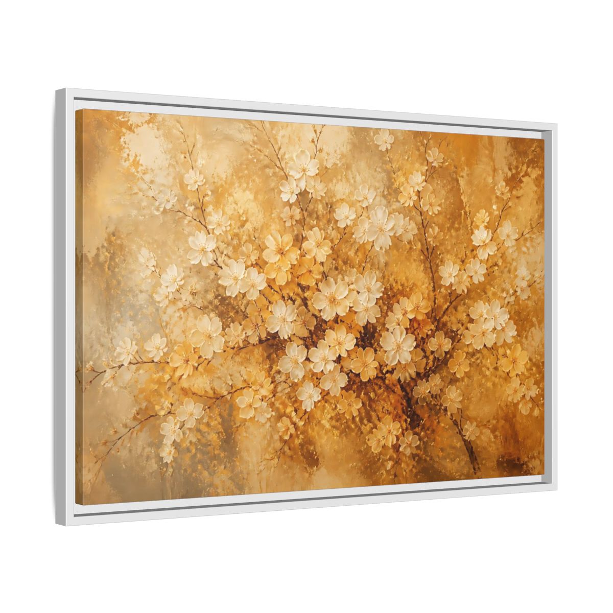 Side Mockup 10. Golden Blossom Branch shown as framed canvas print