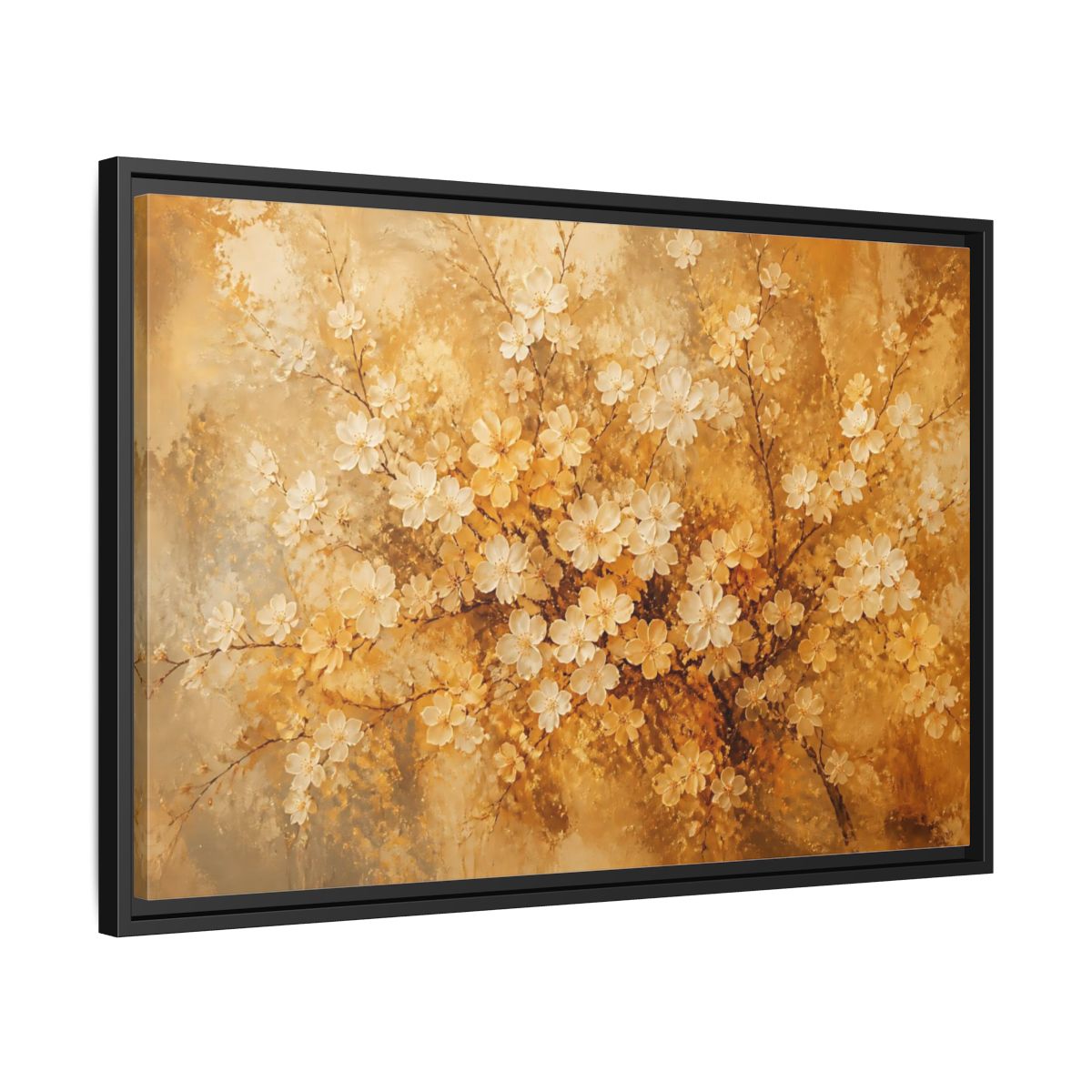 Side Mockup 14. Golden Blossom Branch shown as framed canvas print