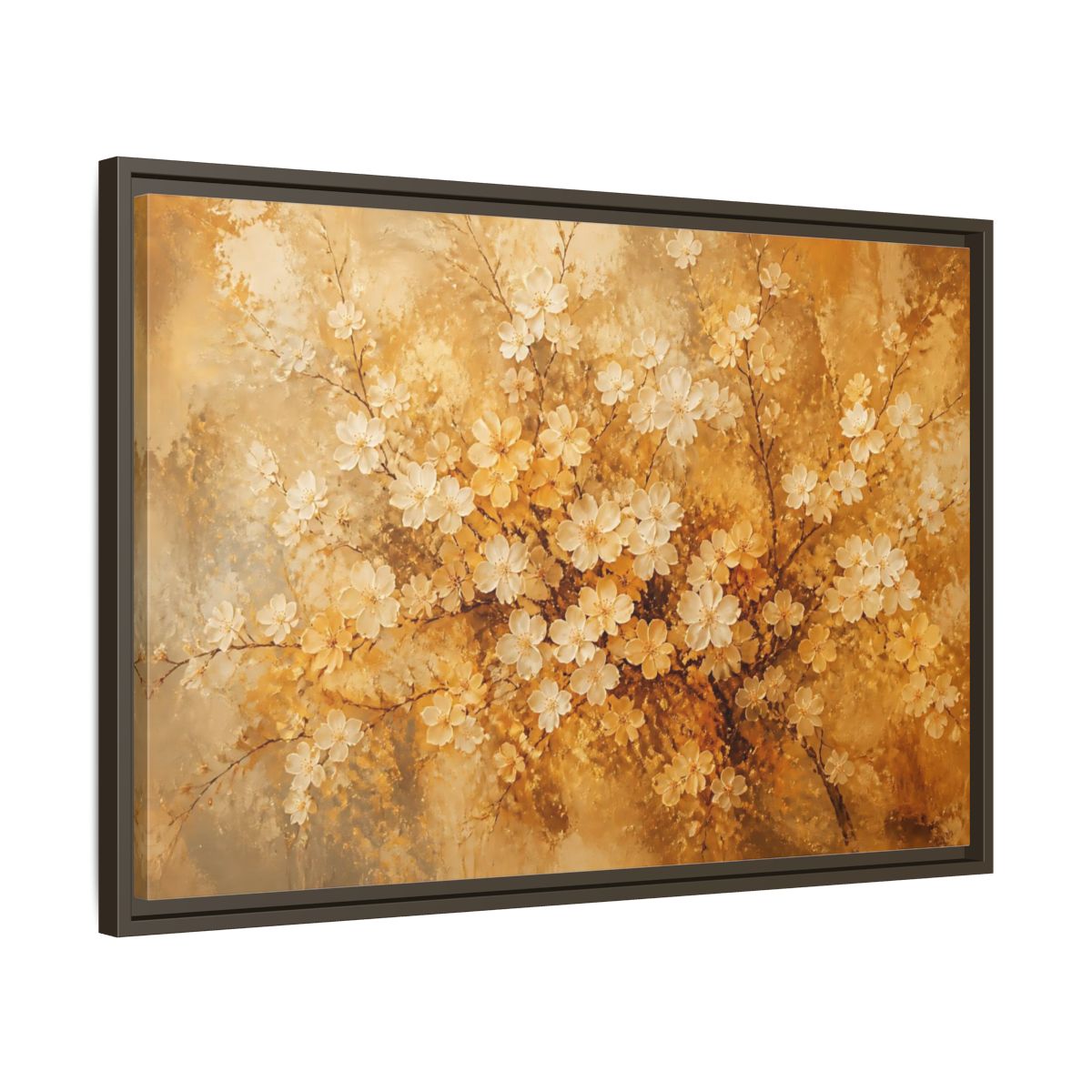 Side Mockup 11. Golden Blossom Branch shown as framed canvas print