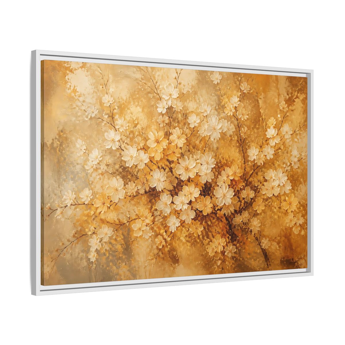 Side Mockup 9. Golden Blossom Branch shown as framed canvas print