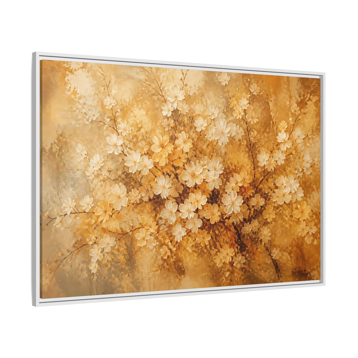Side Mockup 7. Golden Blossom Branch shown as framed canvas print