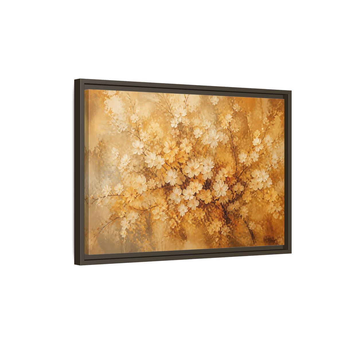 Side Mockup 2. Golden Blossom Branch shown as framed canvas print