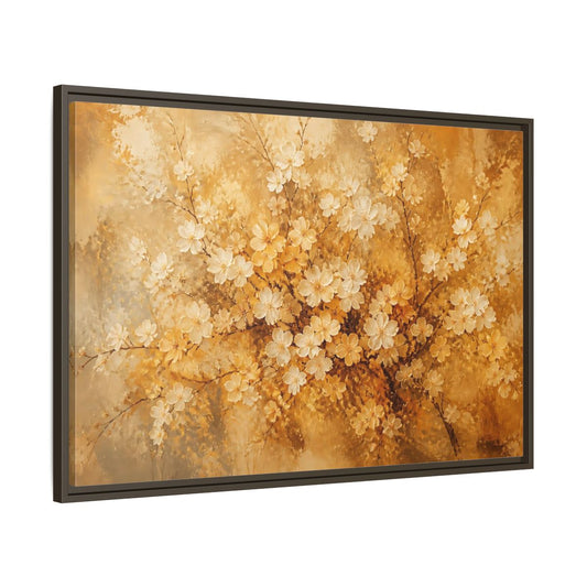 Main Mockup. Golden Blossom Branch shown as framed canvas print