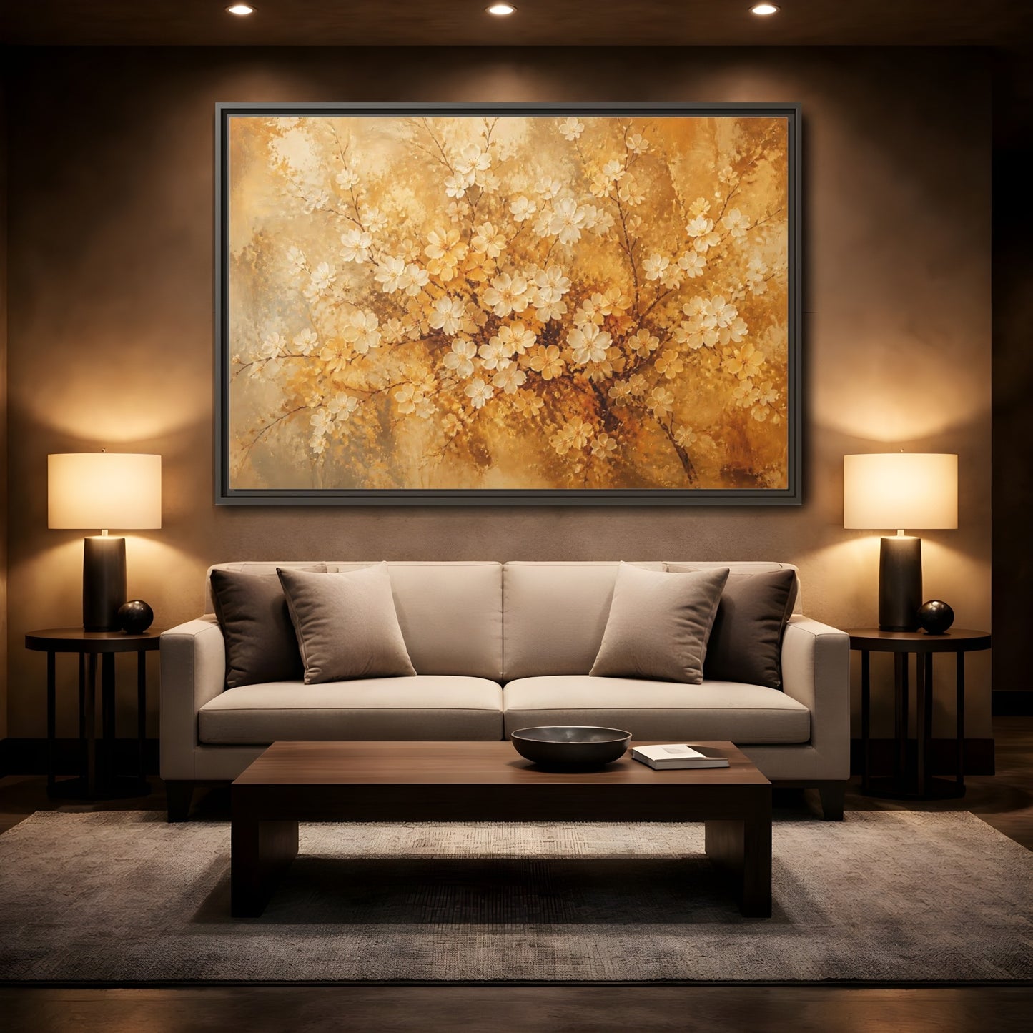 Mockup 2. Golden Blossom Branch shown as framed canvas print