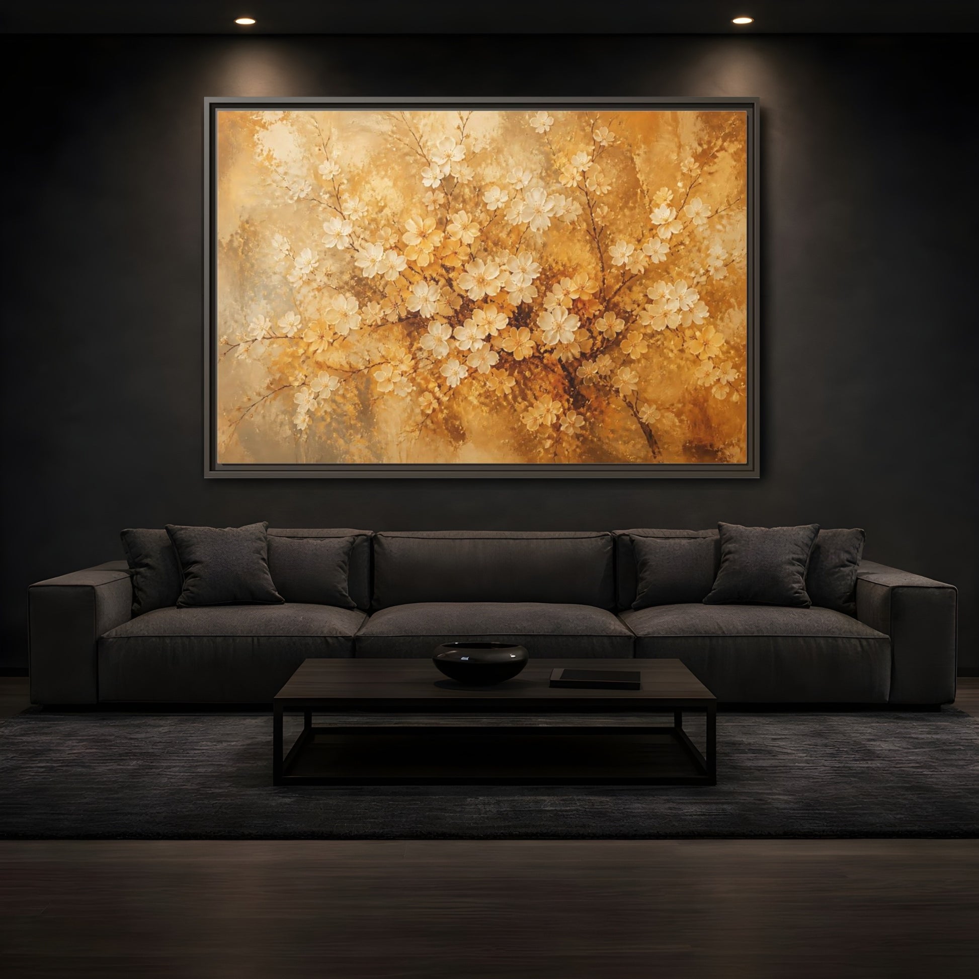 Mockup 3. Golden Blossom Branch shown as framed canvas print
