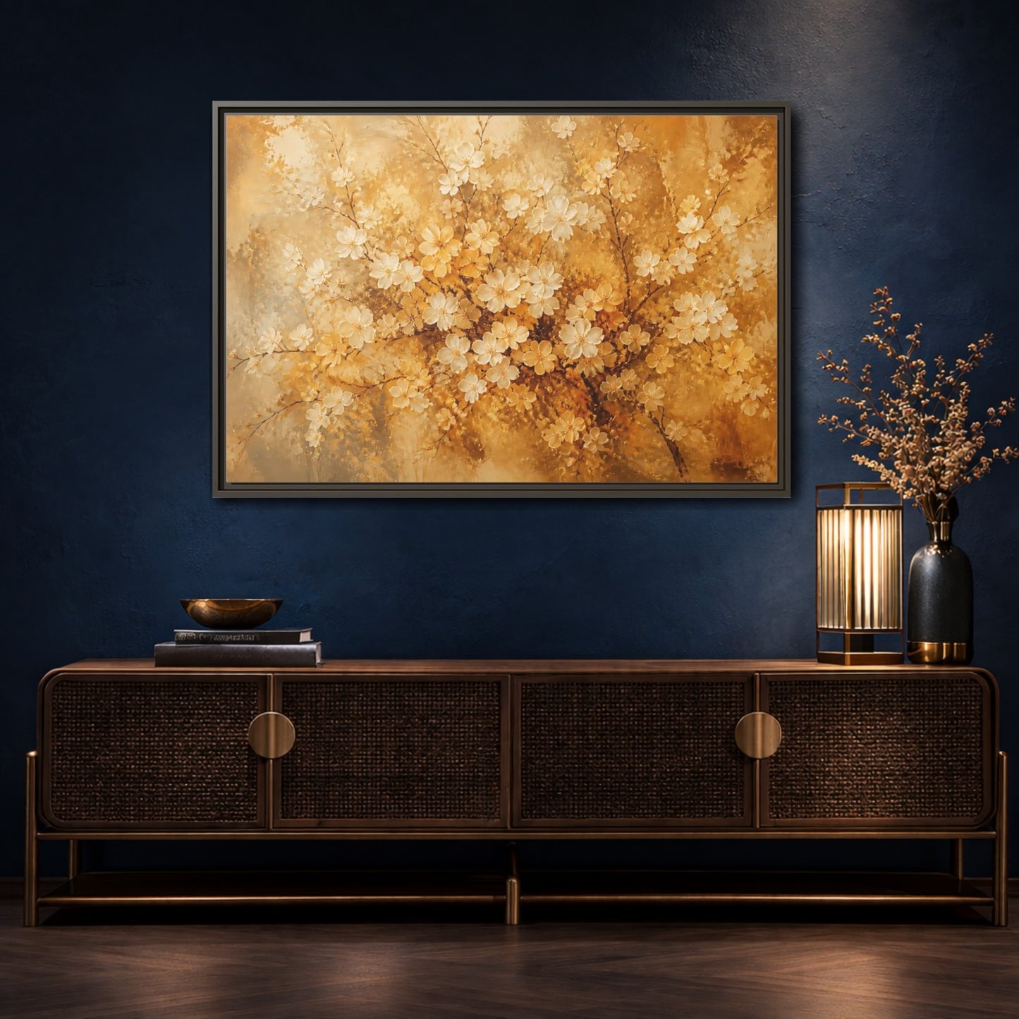 Mockup 4. Golden Blossom Branch shown as framed canvas print