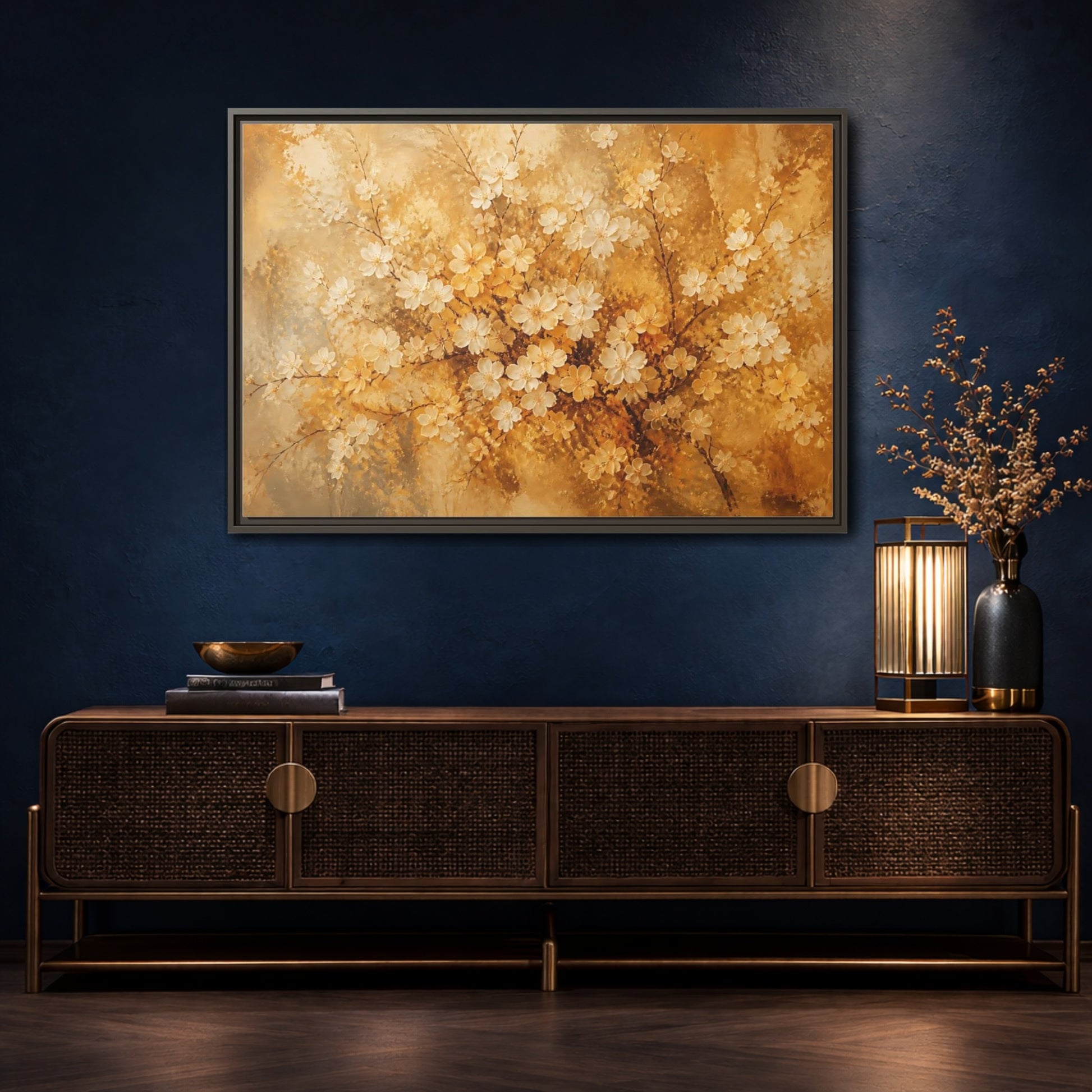Mockup 4. Golden Blossom Branch shown as framed canvas print