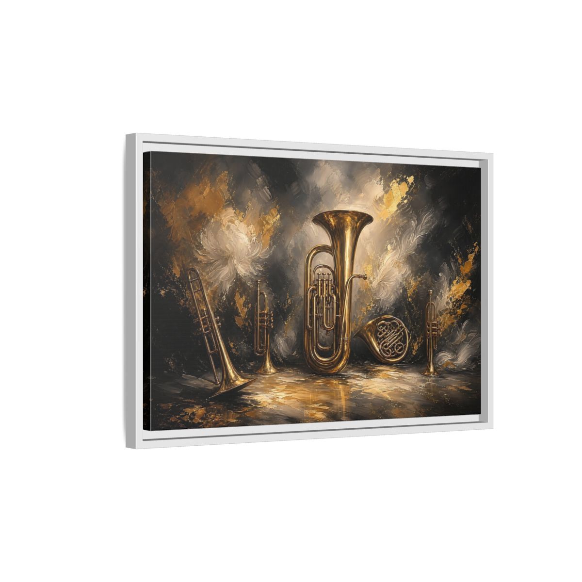 Side Mockup 1. Golden Brass Ensemble shown as framed canvas print