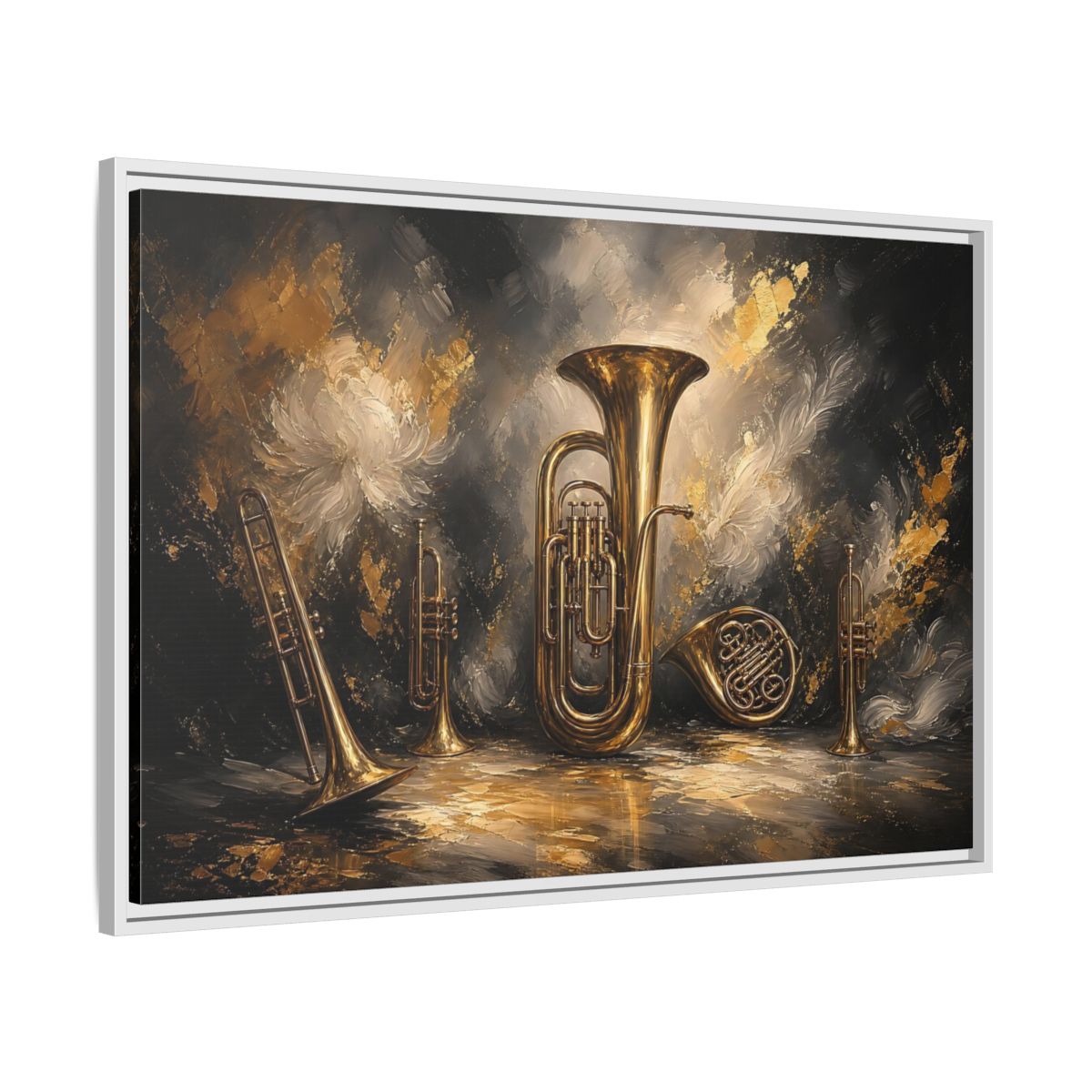 Side Mockup 9. Golden Brass Ensemble shown as framed canvas print