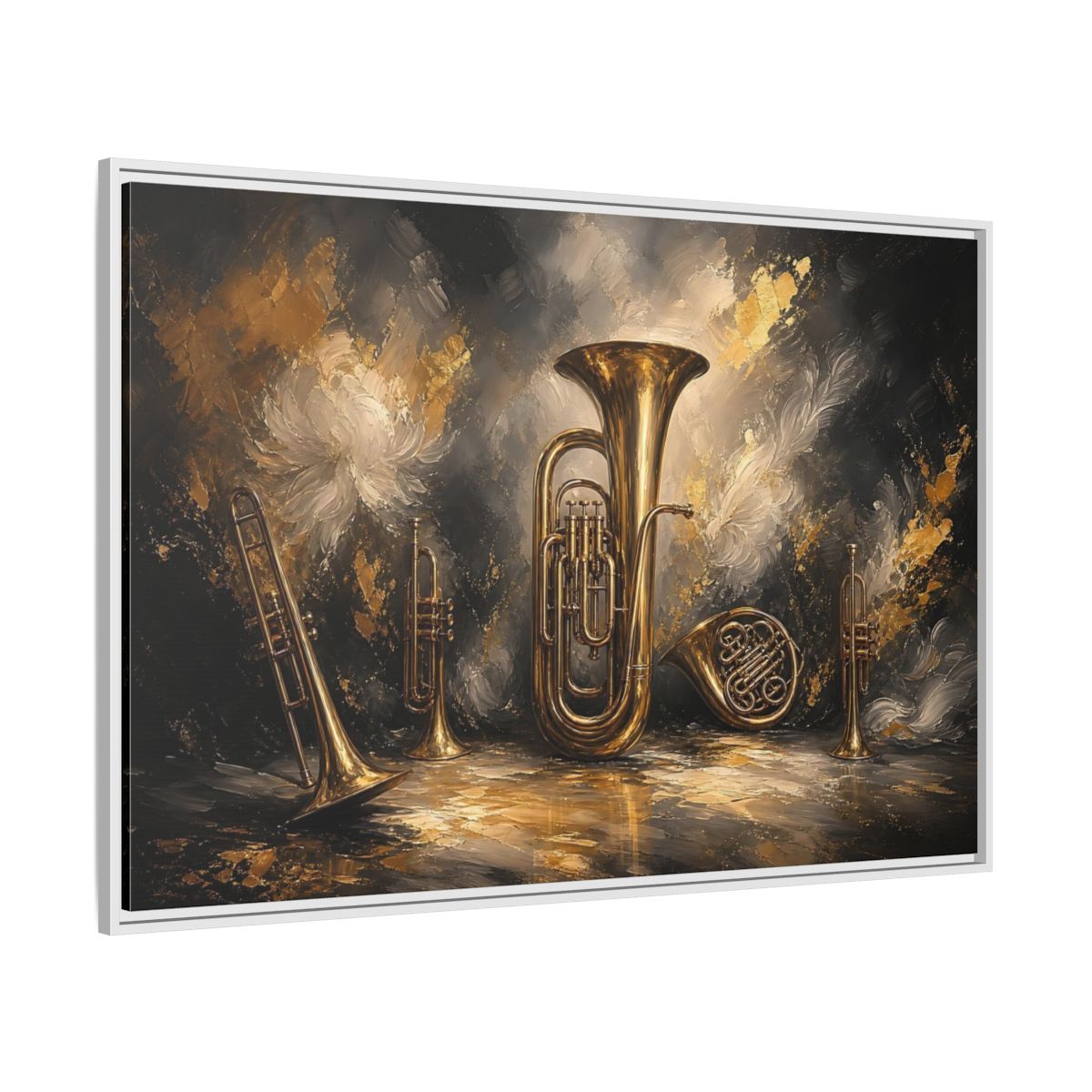 Side Mockup 7. Golden Brass Ensemble shown as framed canvas print