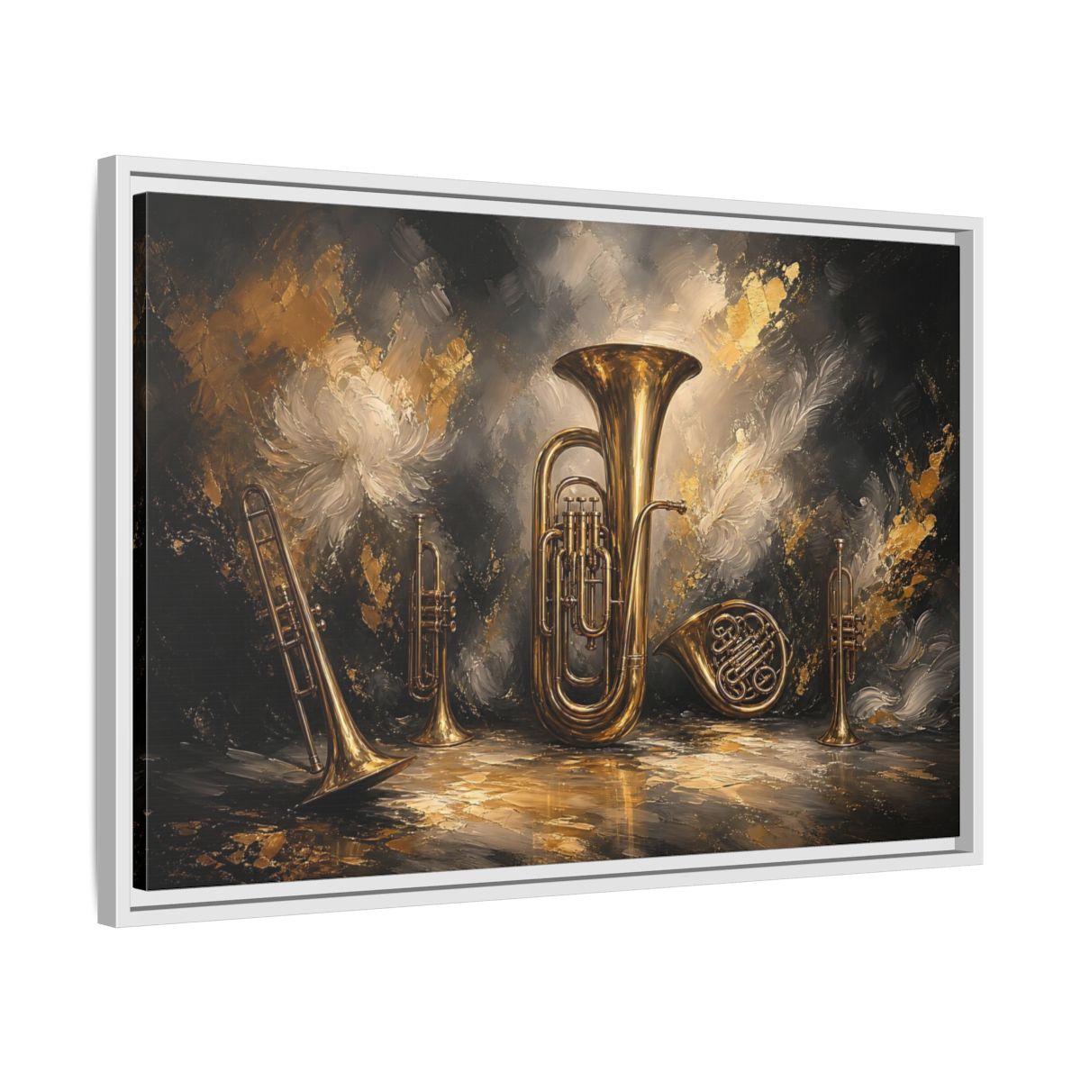 Side Mockup 10. Golden Brass Ensemble shown as framed canvas print
