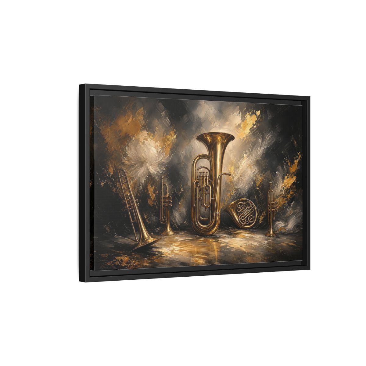 Side Mockup 3. Golden Brass Ensemble shown as framed canvas print