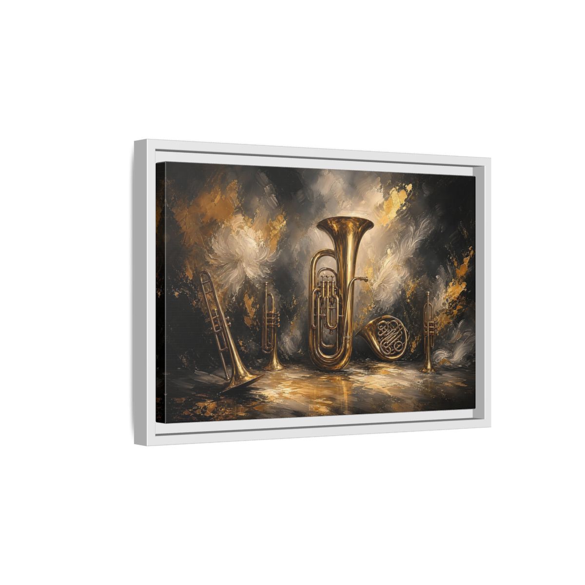 Side Mockup 4. Golden Brass Ensemble shown as framed canvas print
