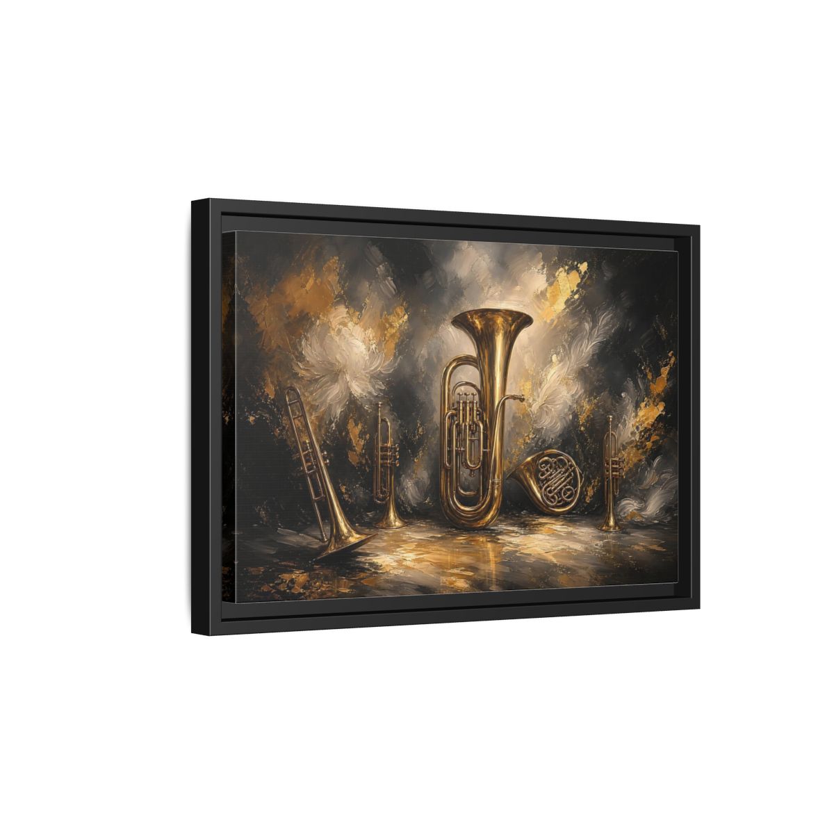Side Mockup 6. Golden Brass Ensemble shown as framed canvas print