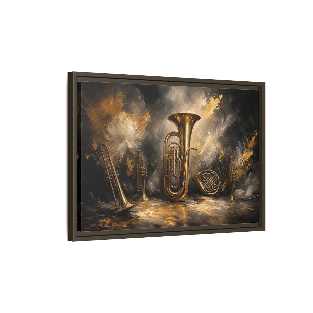 Side Mockup 2. Golden Brass Ensemble shown as framed canvas print