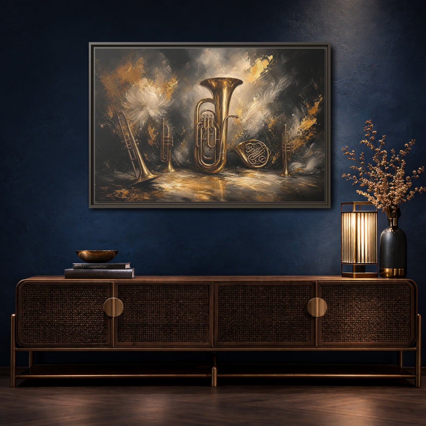 Mockup 4. Golden Brass Ensemble shown as framed canvas print