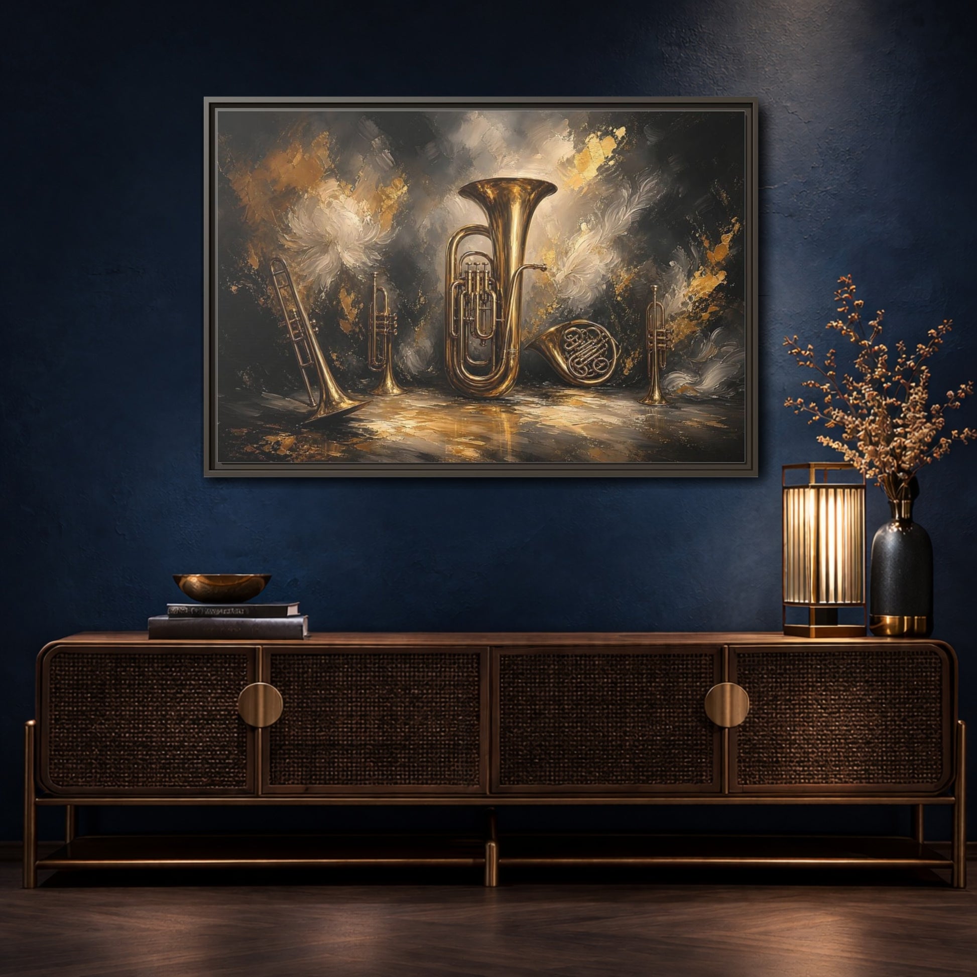 Mockup 4. Golden Brass Ensemble shown as framed canvas print