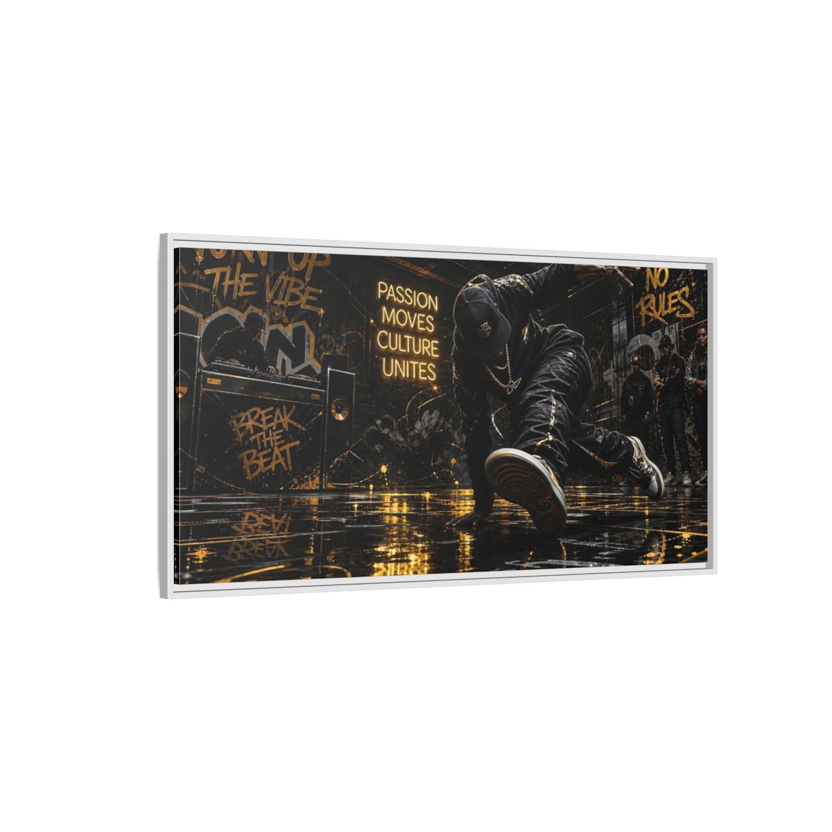 Side Mockup 3. Golden Breakdance Beat shown as framed canvas print
