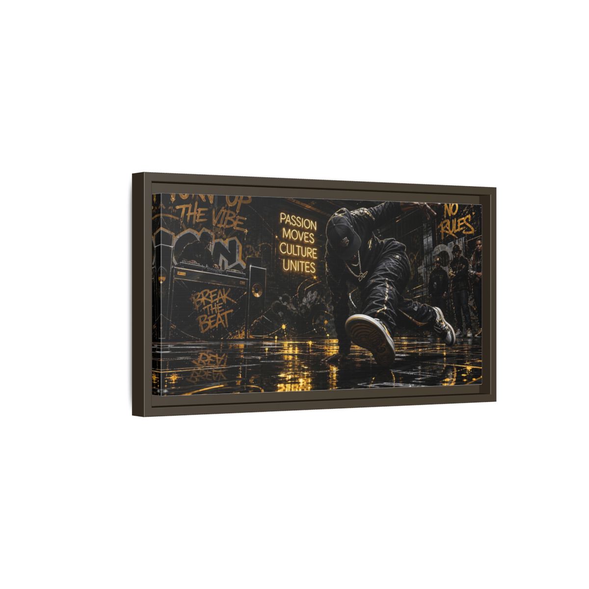 Side Mockup 7. Golden Breakdance Beat shown as framed canvas print