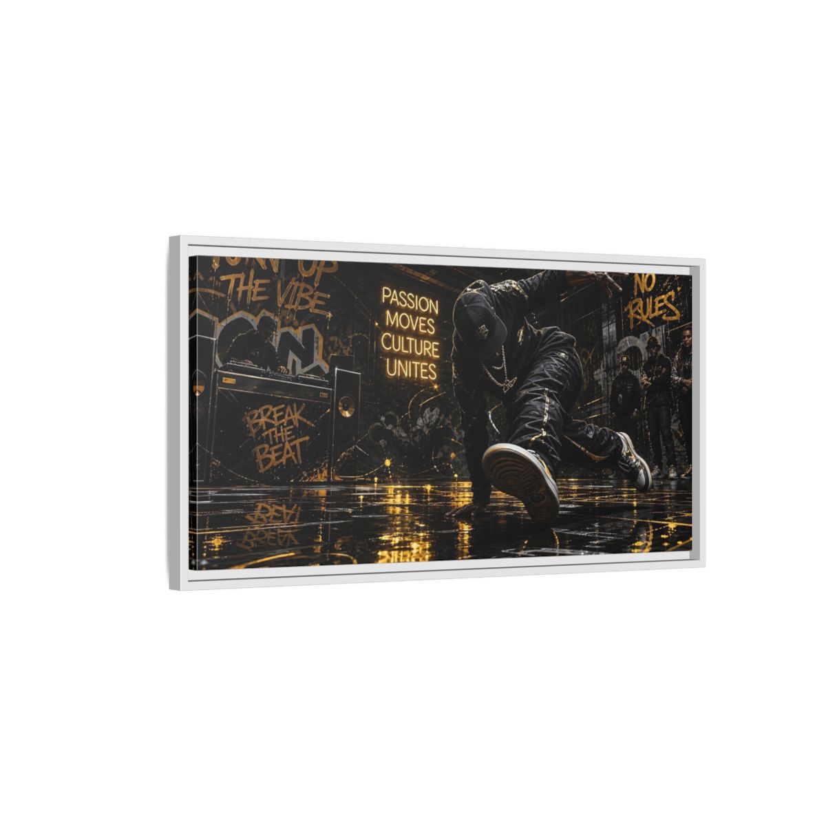 Side Mockup 1. Golden Breakdance Beat shown as framed canvas print