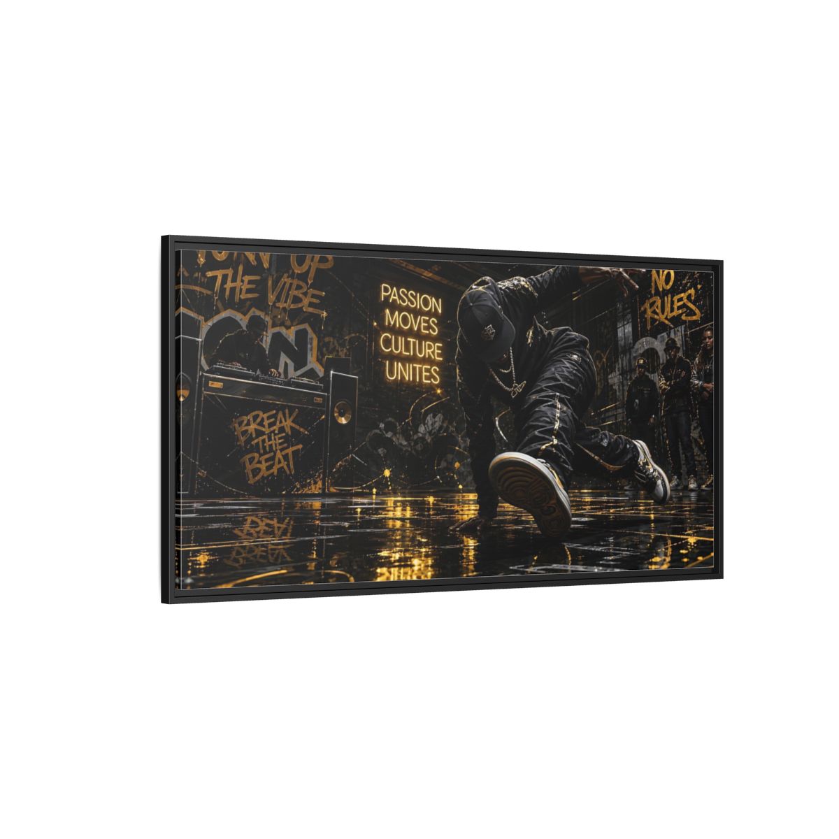 Side Mockup 5. Golden Breakdance Beat shown as framed canvas print
