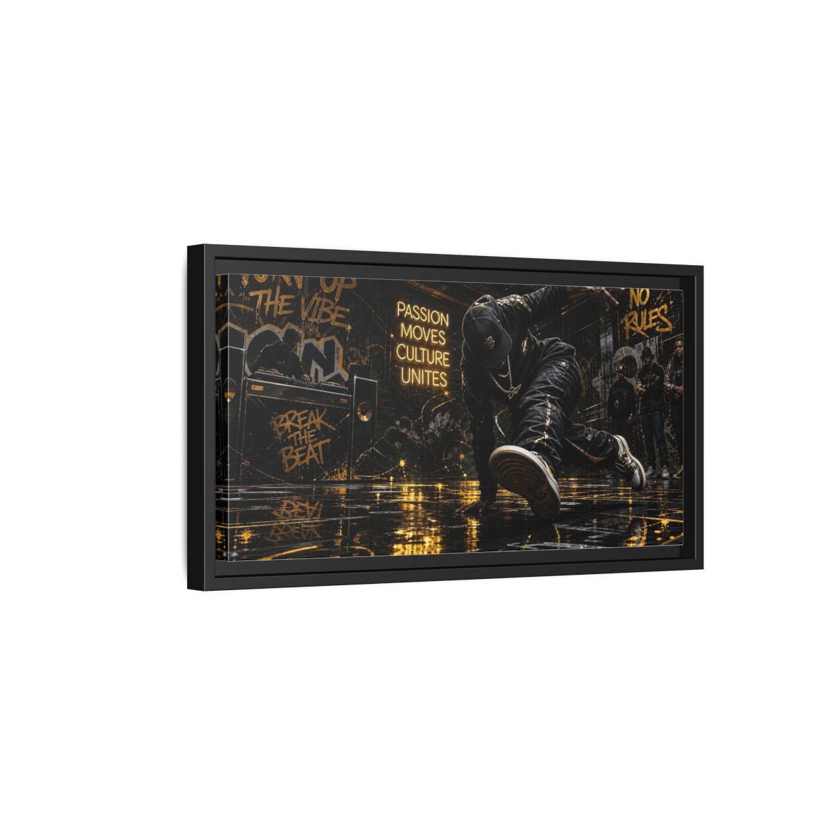 Side Mockup 8. Golden Breakdance Beat shown as framed canvas print