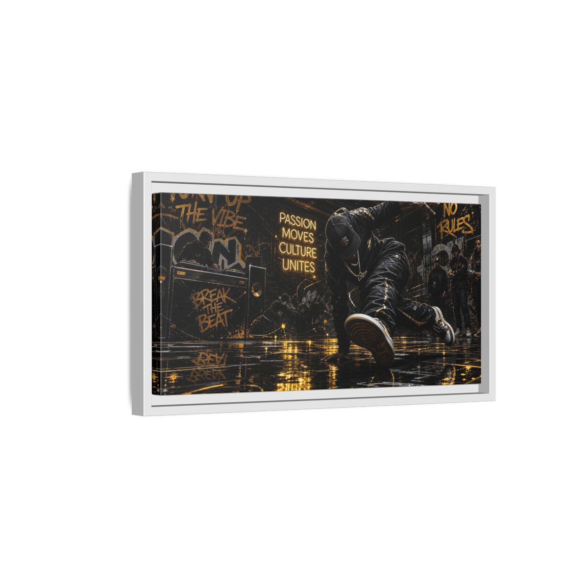 Side Mockup 6. Golden Breakdance Beat shown as framed canvas print