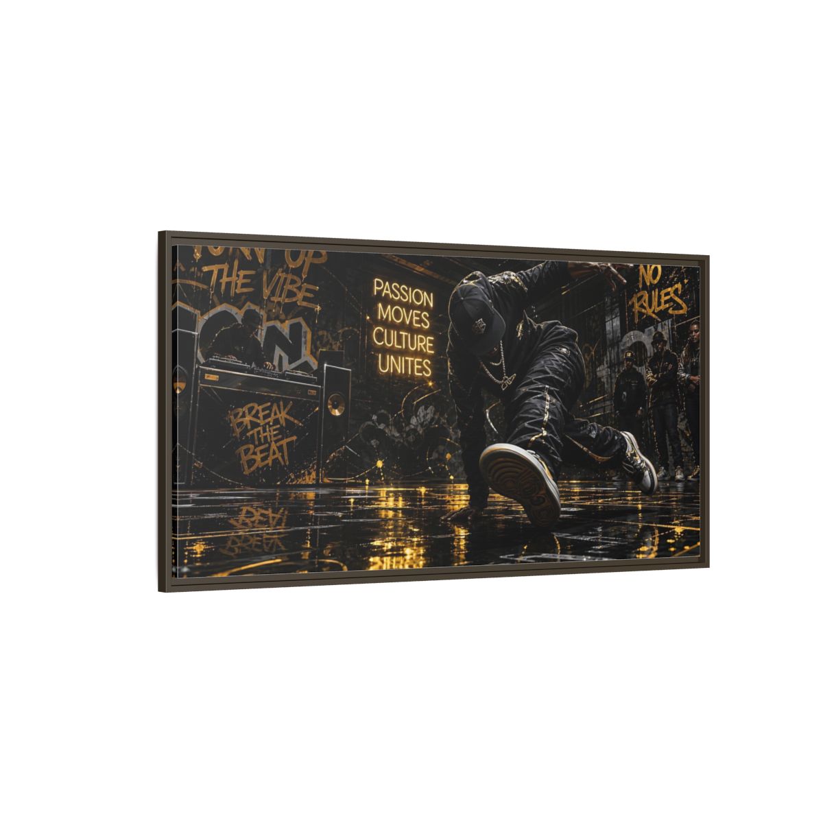 Side Mockup 4. Golden Breakdance Beat shown as framed canvas print